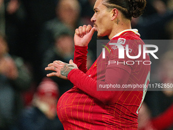 Darwin Nunez of Liverpool celebrates after scoring their first goal during the Premier League match between Liverpool and Aston Villa at Anf...