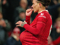 Darwin Nunez of Liverpool celebrates after scoring their first goal during the Premier League match between Liverpool and Aston Villa at Anf...