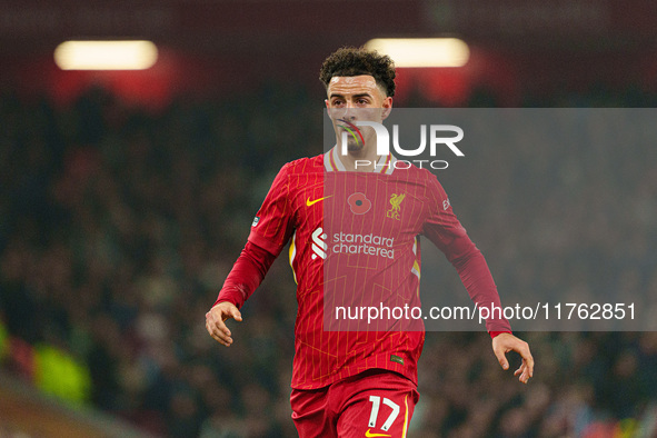 Liverpool's Curtis Jones is in action during the Premier League match between Liverpool and Aston Villa at Anfield in Liverpool, England, on...