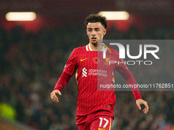 Liverpool's Curtis Jones is in action during the Premier League match between Liverpool and Aston Villa at Anfield in Liverpool, England, on...