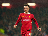 Liverpool's Curtis Jones is in action during the Premier League match between Liverpool and Aston Villa at Anfield in Liverpool, England, on...