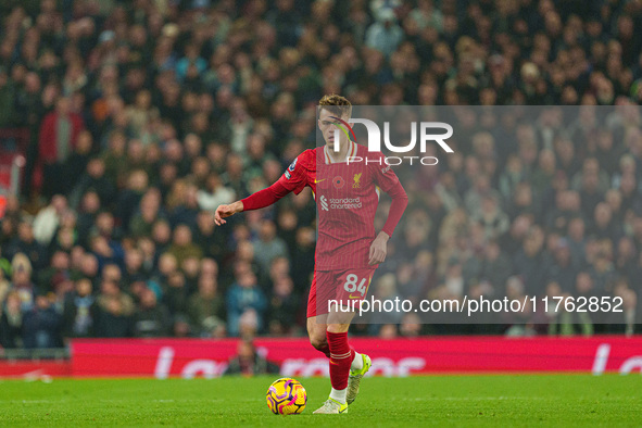 Liverpool's Conor Bradley is in action during the Premier League match between Liverpool and Aston Villa at Anfield in Liverpool, England, o...