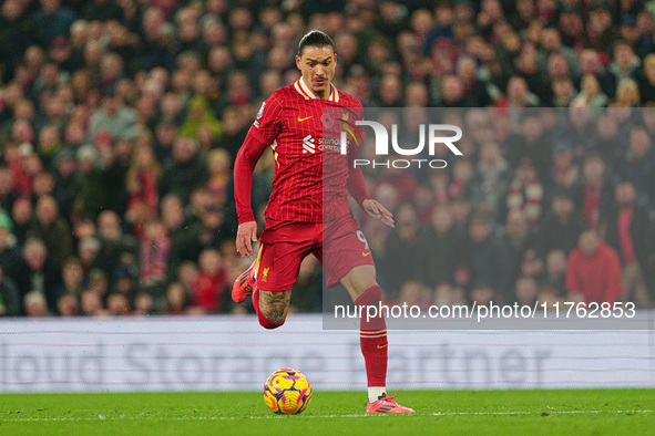 Darwin Nunez of Liverpool is in action during the Premier League match between Liverpool and Aston Villa at Anfield in Liverpool, England, o...