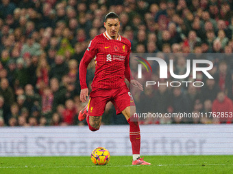 Darwin Nunez of Liverpool is in action during the Premier League match between Liverpool and Aston Villa at Anfield in Liverpool, England, o...