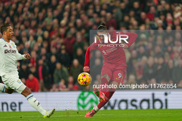 Darwin Nunez of Liverpool shoots at goal during the Premier League match between Liverpool and Aston Villa at Anfield in Liverpool, England,...