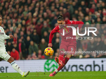 Darwin Nunez of Liverpool shoots at goal during the Premier League match between Liverpool and Aston Villa at Anfield in Liverpool, England,...