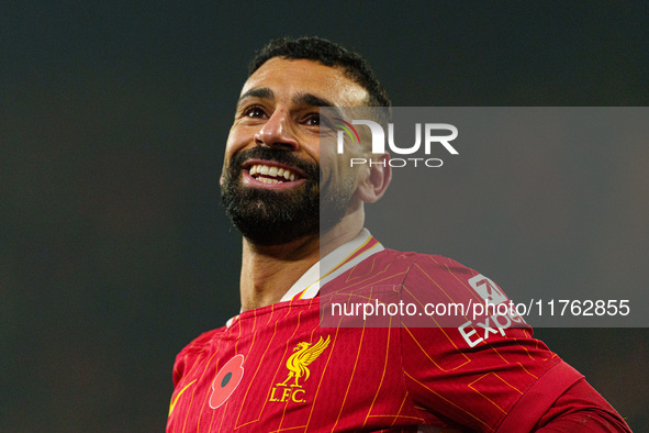 Mohamed Salah plays during the Premier League match between Liverpool and Aston Villa at Anfield in Liverpool, England, on November 9, 2024....