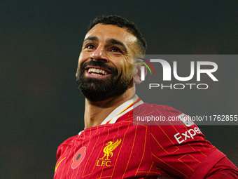 Mohamed Salah plays during the Premier League match between Liverpool and Aston Villa at Anfield in Liverpool, England, on November 9, 2024....