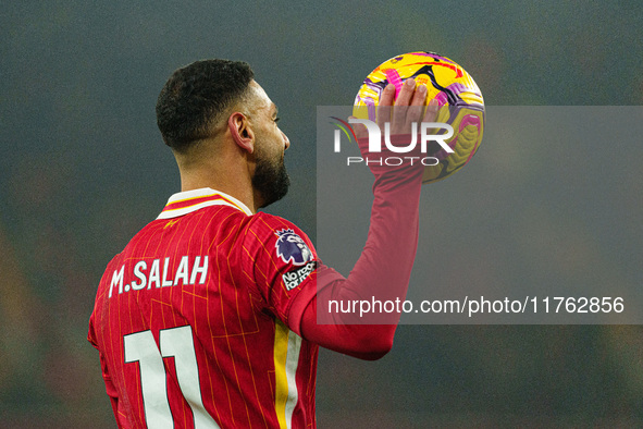 Mohamed Salah plays during the Premier League match between Liverpool and Aston Villa at Anfield in Liverpool, England, on November 9, 2024....