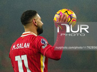 Mohamed Salah plays during the Premier League match between Liverpool and Aston Villa at Anfield in Liverpool, England, on November 9, 2024....