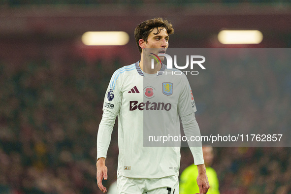 Pau Torres of Aston Villa participates in the Premier League match between Liverpool and Aston Villa at Anfield in Liverpool, England, on No...