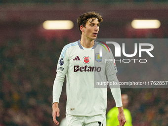 Pau Torres of Aston Villa participates in the Premier League match between Liverpool and Aston Villa at Anfield in Liverpool, England, on No...