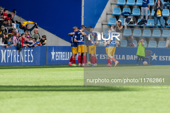 In Andorra La Vella, Andorra, on November 10, 2024, FC Andorra players celebrate after scoring a goal during the Primera RFEF 2024-2025 matc...