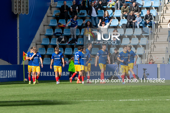 In Andorra La Vella, Andorra, on November 10, 2024, FC Andorra players celebrate after scoring a goal during the Primera RFEF 2024-2025 matc...