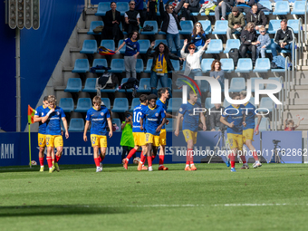 In Andorra La Vella, Andorra, on November 10, 2024, FC Andorra players celebrate after scoring a goal during the Primera RFEF 2024-2025 matc...