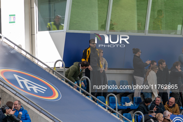 Gerard Pique and his girlfriend Ana Chia are in the official box during the Primera RFEF 2024-2025 match between FC Andorra and Barakaldo CF...