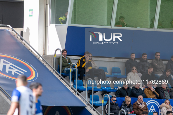 Gerard Pique and his girlfriend Ana Chia are in the official box during the Primera RFEF 2024-2025 match between FC Andorra and Barakaldo CF...