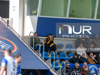 Gerard Pique and his girlfriend Ana Chia are in the official box during the Primera RFEF 2024-2025 match between FC Andorra and Barakaldo CF...