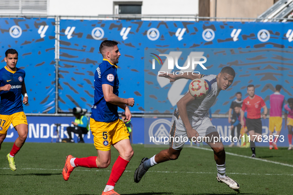 Players are in action during the Primera RFEF 2024-2025 match between FC Andorra and Barakaldo CF at Estadi Nacional in Andorra La Vella, An...