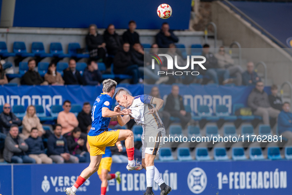 Borja Garcia of Barakaldo CF competes for the ball during the Primera RFEF 2024-2025 match between FC Andorra and Barakaldo CF at Estadi Nac...