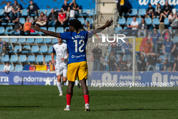 Players are in action during the Primera RFEF 2024-2025 match between FC Andorra and Barakaldo CF at Estadi Nacional in Andorra La Vella, An...