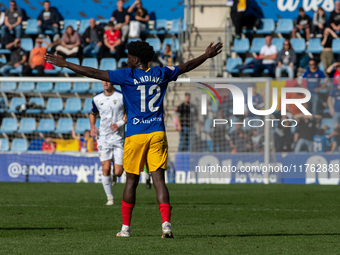 Players are in action during the Primera RFEF 2024-2025 match between FC Andorra and Barakaldo CF at Estadi Nacional in Andorra La Vella, An...