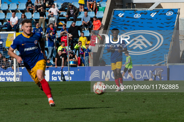 Players are in action during the Primera RFEF 2024-2025 match between FC Andorra and Barakaldo CF at Estadi Nacional in Andorra La Vella, An...