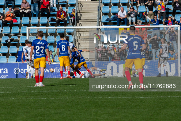 Players are in action during the Primera RFEF 2024-2025 match between FC Andorra and Barakaldo CF at Estadi Nacional in Andorra La Vella, An...