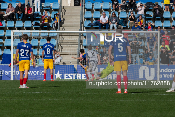 Players are in action during the Primera RFEF 2024-2025 match between FC Andorra and Barakaldo CF at Estadi Nacional in Andorra La Vella, An...