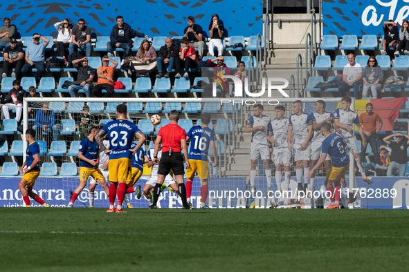 Players are in action during the Primera RFEF 2024-2025 match between FC Andorra and Barakaldo CF at Estadi Nacional in Andorra La Vella, An...