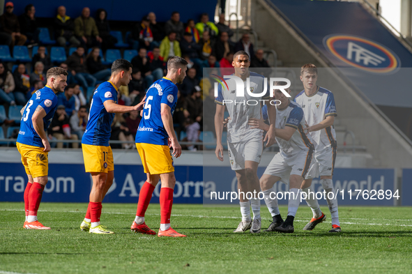 Players are in action during the Primera RFEF 2024-2025 match between FC Andorra and Barakaldo CF at Estadi Nacional in Andorra La Vella, An...