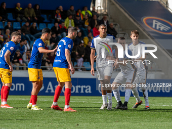 Players are in action during the Primera RFEF 2024-2025 match between FC Andorra and Barakaldo CF at Estadi Nacional in Andorra La Vella, An...