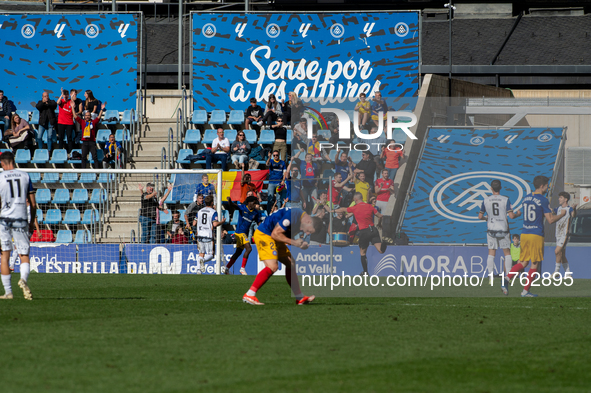 Players are in action during the Primera RFEF 2024-2025 match between FC Andorra and Barakaldo CF at Estadi Nacional in Andorra La Vella, An...