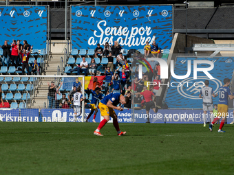 Players are in action during the Primera RFEF 2024-2025 match between FC Andorra and Barakaldo CF at Estadi Nacional in Andorra La Vella, An...