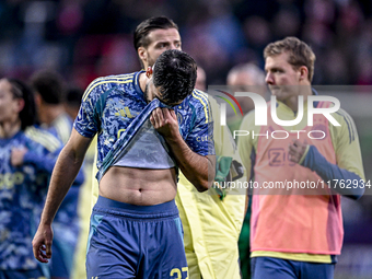 AFC Ajax Amsterdam defender Josip Sutalo feels disappointed after the match, with a final result of 2-2, during the match between Twente and...