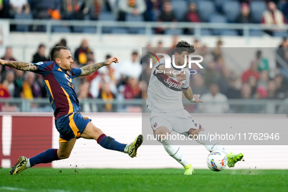 Riccardo Orsolini of Bologna FC scores second goal during the Serie A Enilive match between AS Roma and Bologna FC at Stadio Olimpico on Nov...