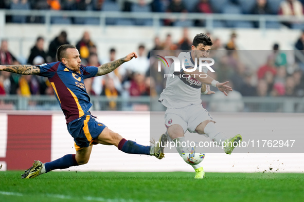 Riccardo Orsolini of Bologna FC scores second goal during the Serie A Enilive match between AS Roma and Bologna FC at Stadio Olimpico on Nov...