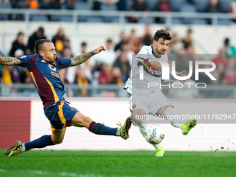 Riccardo Orsolini of Bologna FC scores second goal during the Serie A Enilive match between AS Roma and Bologna FC at Stadio Olimpico on Nov...