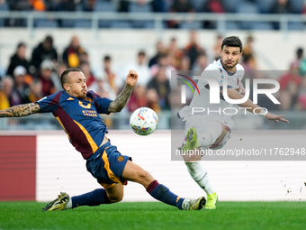 Riccardo Orsolini of Bologna FC scores second goal during the Serie A Enilive match between AS Roma and Bologna FC at Stadio Olimpico on Nov...