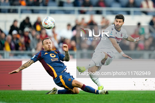 Riccardo Orsolini of Bologna FC scores second goal during the Serie A Enilive match between AS Roma and Bologna FC at Stadio Olimpico on Nov...