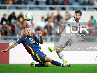 Riccardo Orsolini of Bologna FC scores second goal during the Serie A Enilive match between AS Roma and Bologna FC at Stadio Olimpico on Nov...