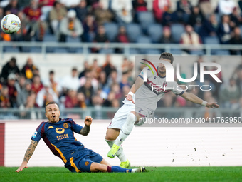 Riccardo Orsolini of Bologna FC scores second goal during the Serie A Enilive match between AS Roma and Bologna FC at Stadio Olimpico on Nov...