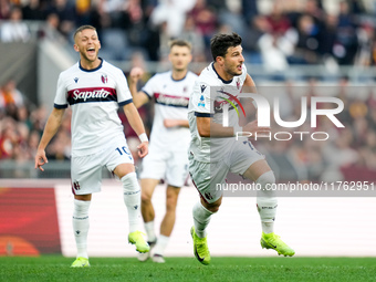 Riccardo Orsolini of Bologna FC celebrates after scoring second goal during the Serie A Enilive match between AS Roma and Bologna FC at Stad...