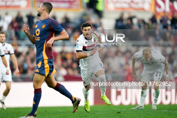 Riccardo Orsolini of Bologna FC celebrates after scoring second goal during the Serie A Enilive match between AS Roma and Bologna FC at Stad...