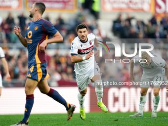 Riccardo Orsolini of Bologna FC celebrates after scoring second goal during the Serie A Enilive match between AS Roma and Bologna FC at Stad...