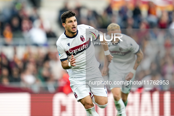 Riccardo Orsolini of Bologna FC celebrates after scoring second goal during the Serie A Enilive match between AS Roma and Bologna FC at Stad...