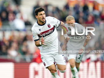 Riccardo Orsolini of Bologna FC celebrates after scoring second goal during the Serie A Enilive match between AS Roma and Bologna FC at Stad...