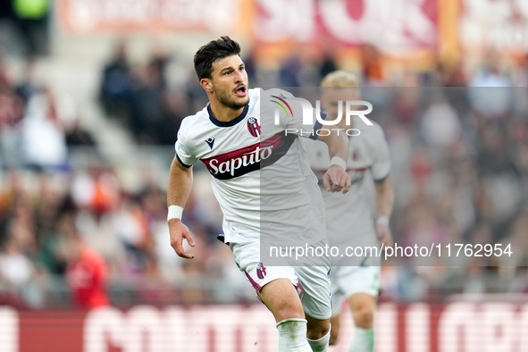 Riccardo Orsolini of Bologna FC celebrates after scoring second goal during the Serie A Enilive match between AS Roma and Bologna FC at Stad...