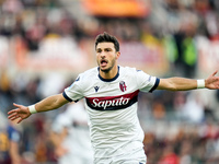 Riccardo Orsolini of Bologna FC celebrates after scoring second goal during the Serie A Enilive match between AS Roma and Bologna FC at Stad...