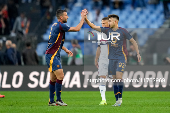 Stephan El Shaarawy of AS Roma celebrates after scoring first goal during the Serie A Enilive match between AS Roma and Bologna FC at Stadio...